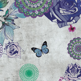 Цветы и бабочки на бетонном фоне